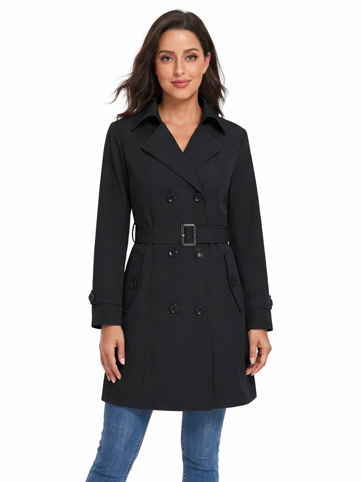 Womens Trench Coat, Classic Lapel, Belted Outerwear