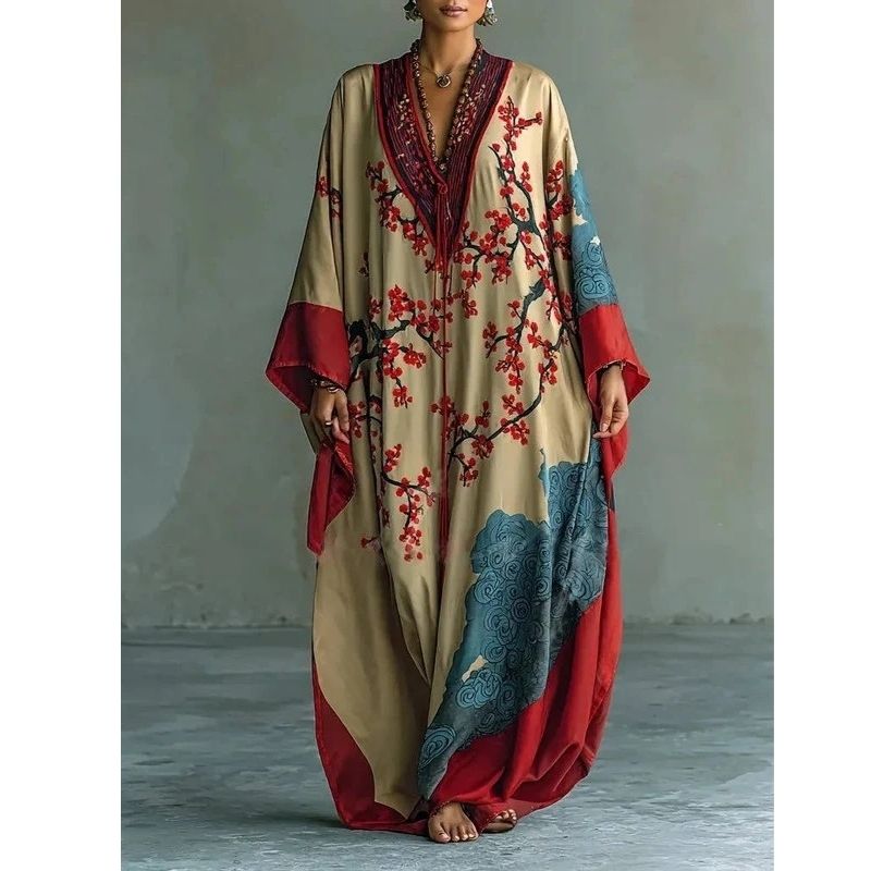Moomoo Dresses for Women, Floral Print V Neck Batwing Sleeve Casual Flowy Maxi Dress