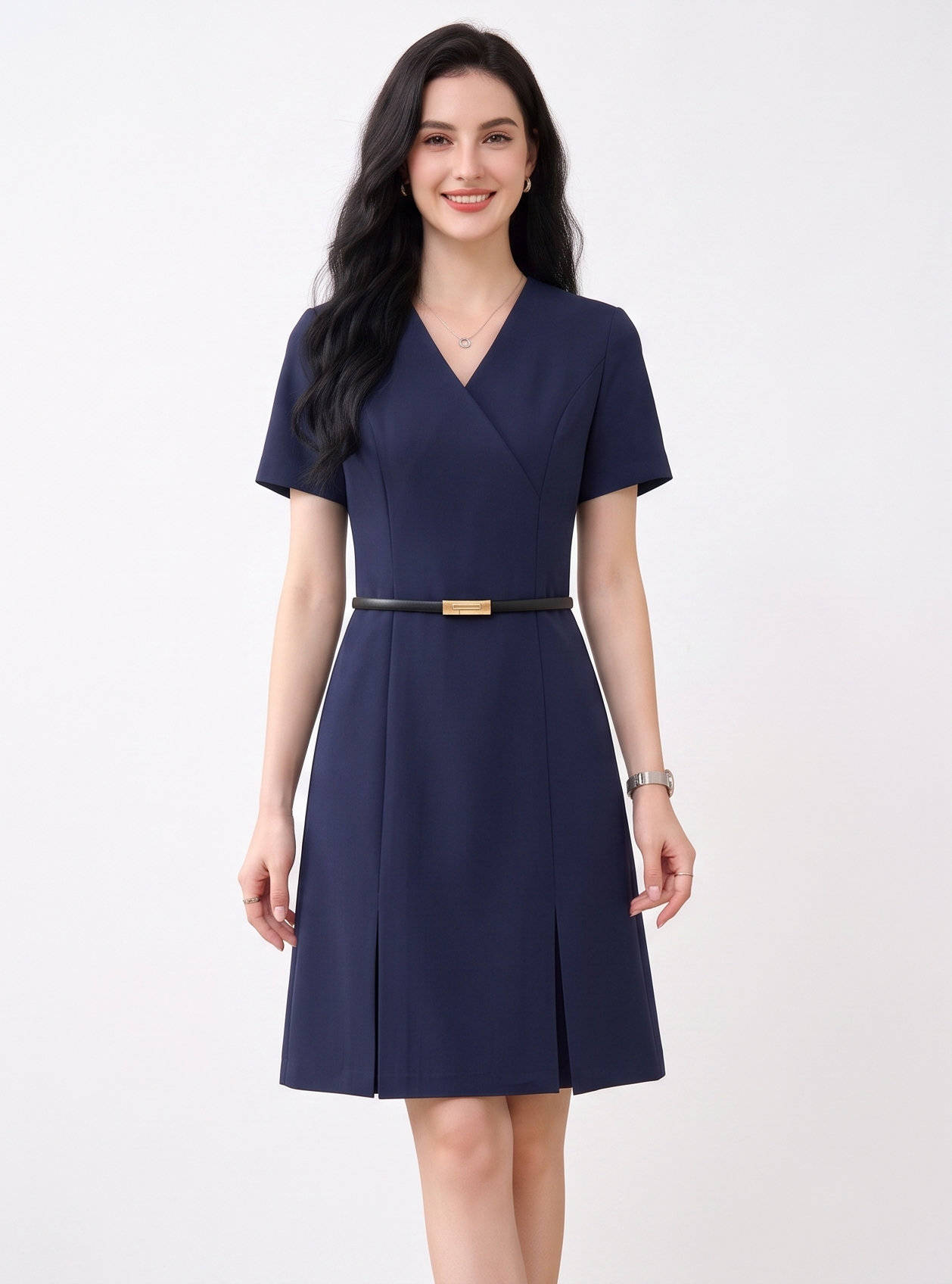 Women's A Line Work Dress, Short Sleeve V Neck Sheath Dress, Professional Business Casual Career Outfit