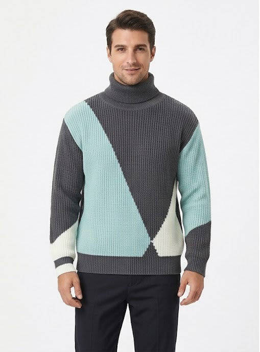 Ribbed Block Turtleneck Knit Sweater