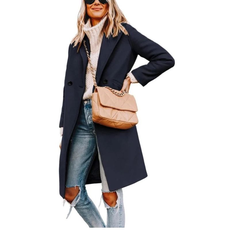 Womens Wool Peacoat, Double Breasted Coat with Notch Lapel