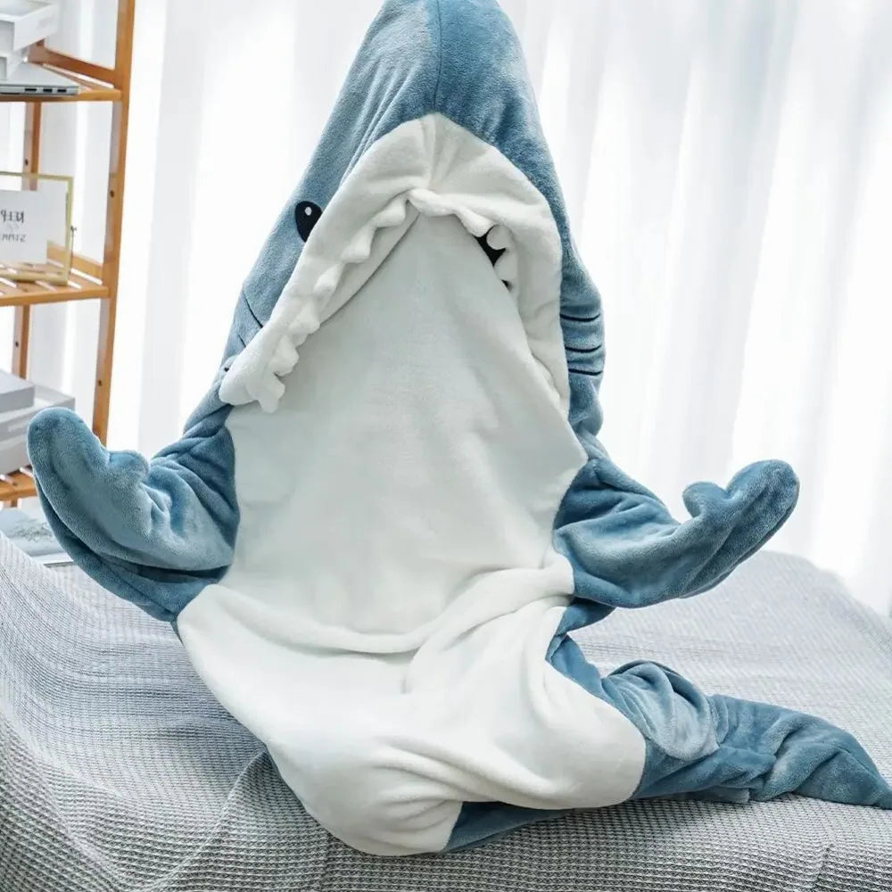 Wearable Shark Hoodie Blanket with Polyester Flannel and Full Body Coverage