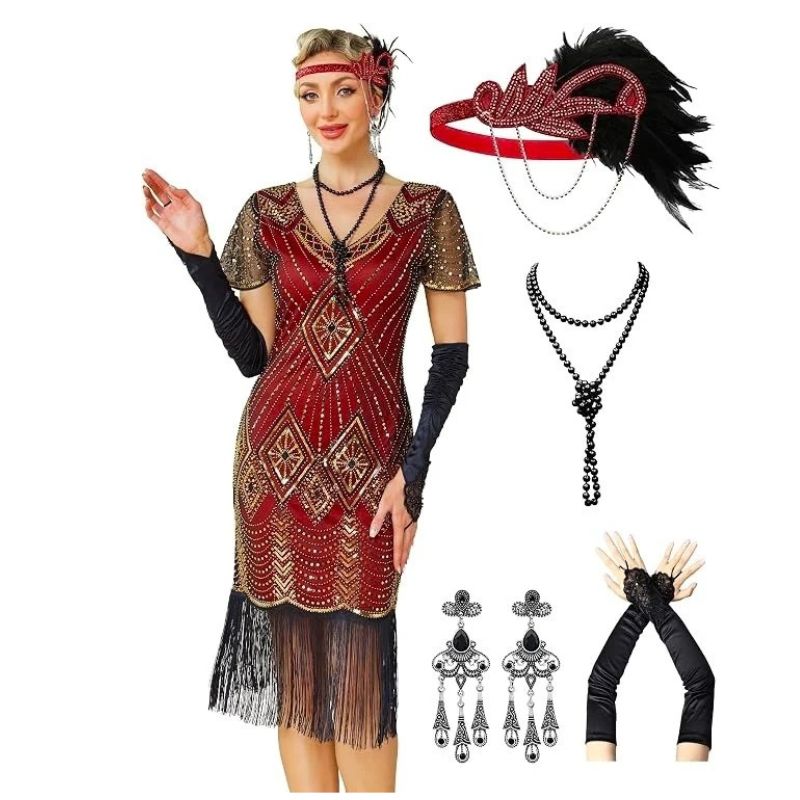 Womens Flapper 1920s Dress, Great Gatsby Roaring 20s Costume, Beaded Sheer Sleeves with Accessories