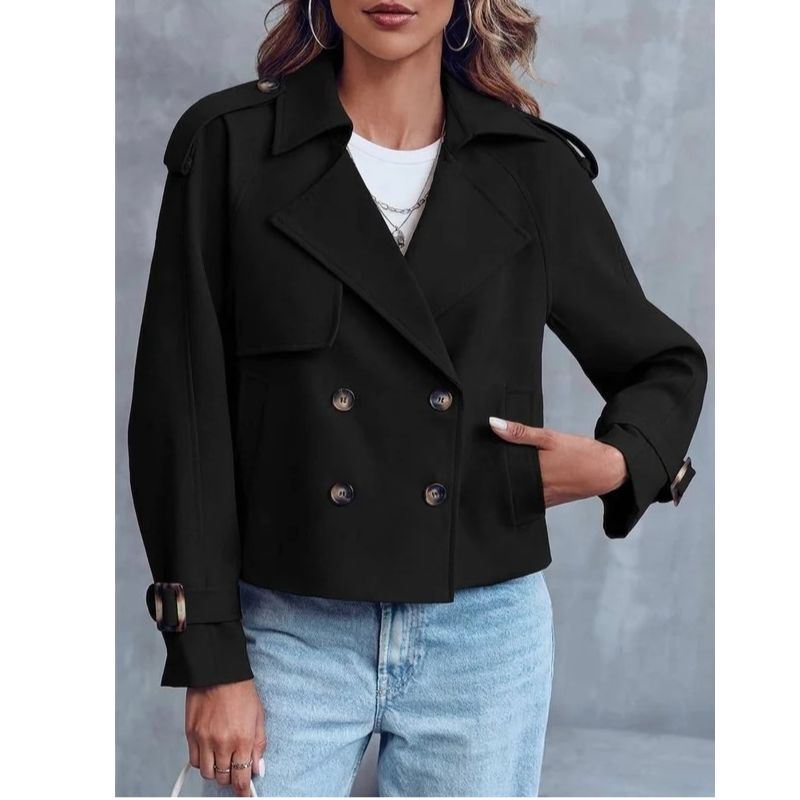 Womens Cropped Trench Coat, Double Breasted Short Jacket