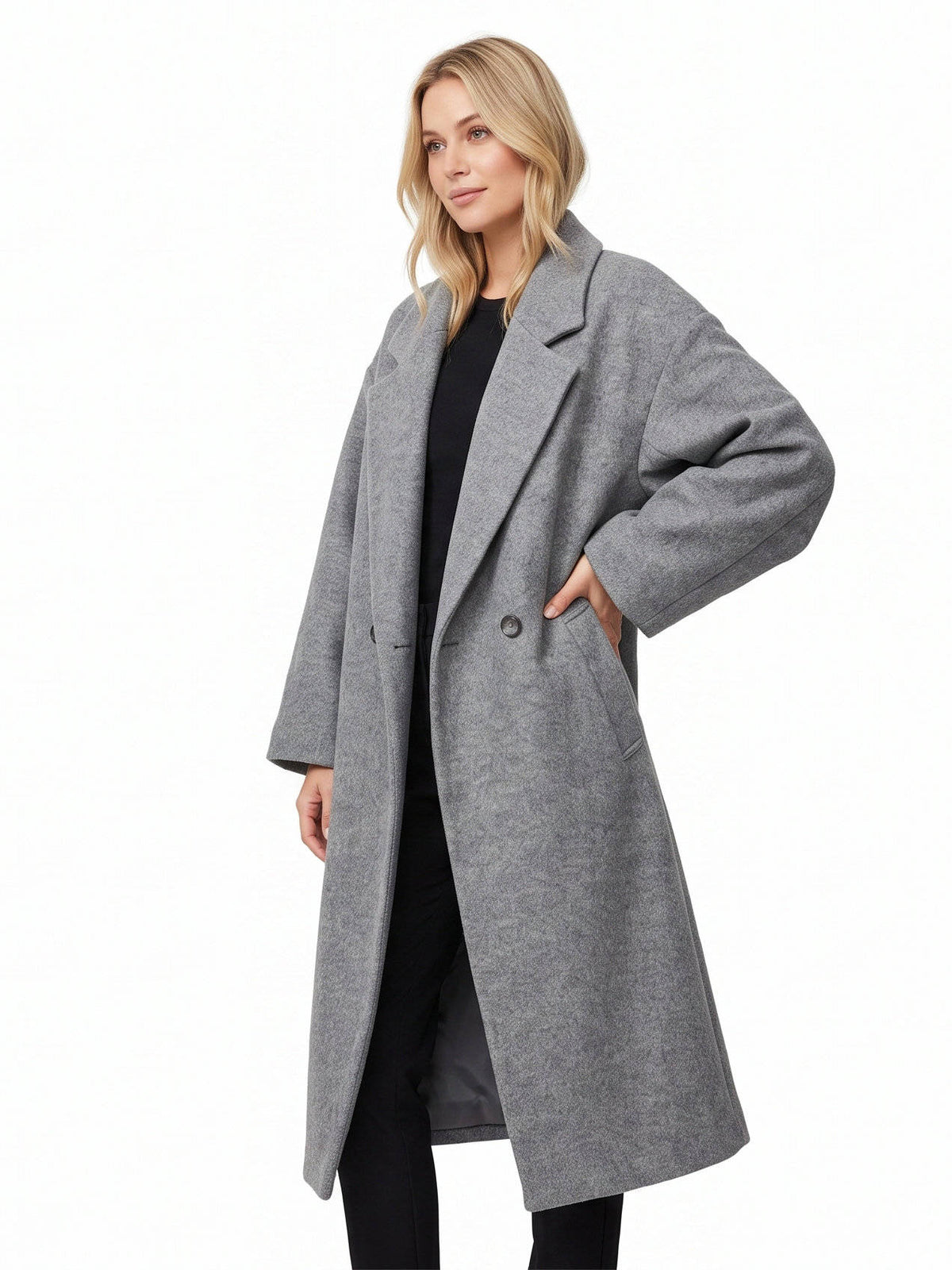 Womens Long Wool Coat, Double Breasted, Notch Lapel Winter Trench Coat