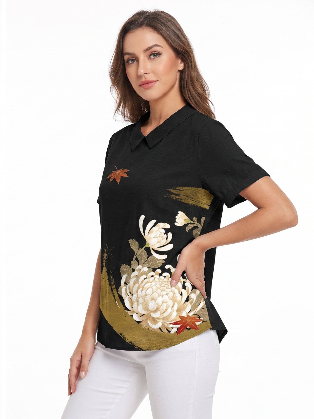 Women's Floral Print Linen Blouse, Vintage Peter Pan Collar Short Sleeve Shirt, Casual Lightweight Prairie Tops