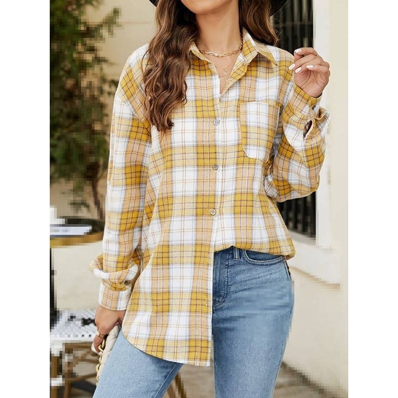 Womens Flannel Plaid Soft Flannel Button Down Shirt, Roll Up Long Sleeve Plaid Blouse