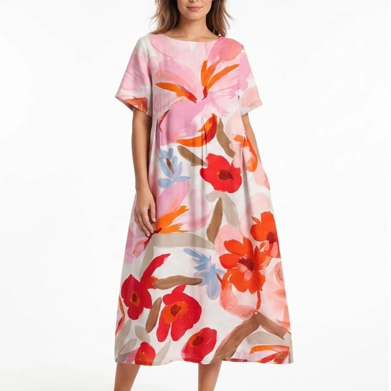 Womens Floral A Line Midi Dress, Short Sleeve Casual Summer Dress