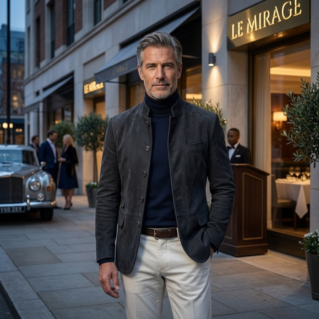 Mens Button Coat with Textured Fabric and Tailored Fit, Deep Front Pockets