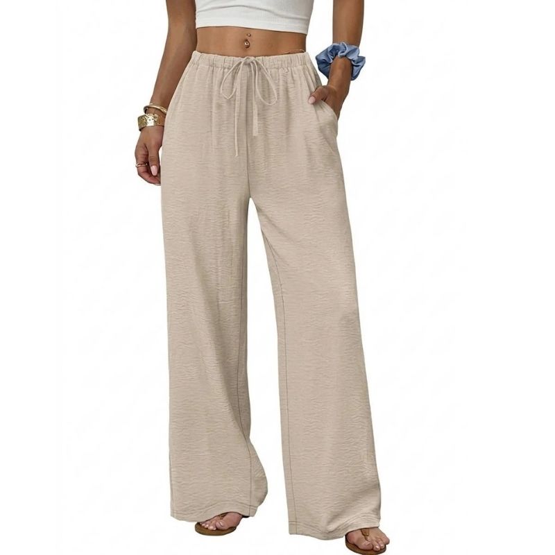 Womens Wide Leg Palazzo Pants, Flowy Drawstring Elastic Waist Trousers with Pockets for Summer, Beach and Vacation Wear