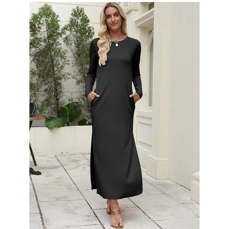 Women’s Long Sleeve Casual Maxi Work Dress, Loose Fit Split Style