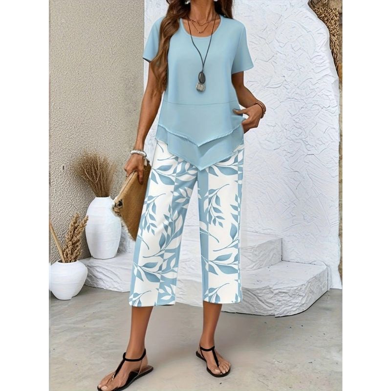 Womens Leaf Print Two Piece Set, Casual Short Sleeve Asymmetric Top and Wide Leg Pants Outfits, Elegant Summer Matching Suit