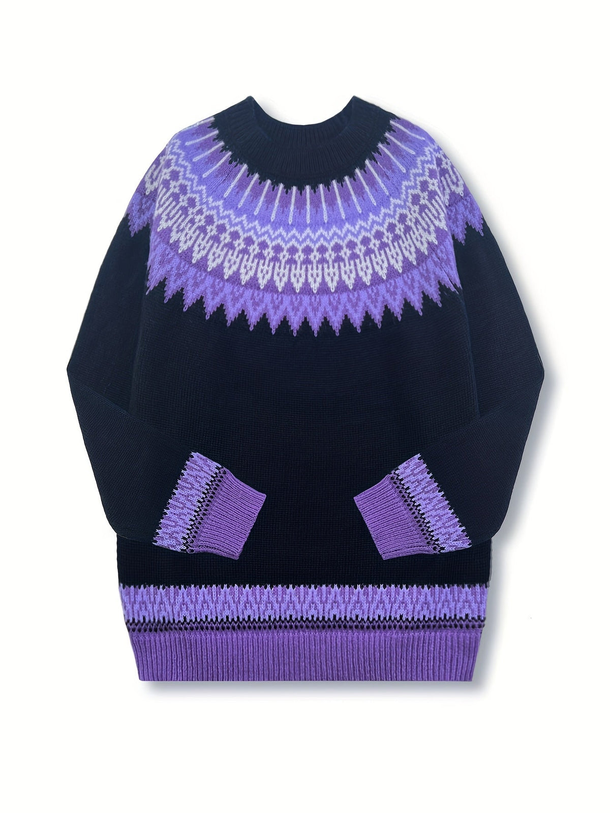 Chunky Jacquard Knit Sweater with Round Neck and Ribbed Cuffs, Hip Length