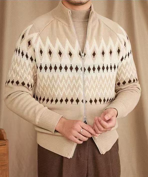 Zip Cardigan with Fair Isle Geometric Pattern and High Collar, Thick Knit