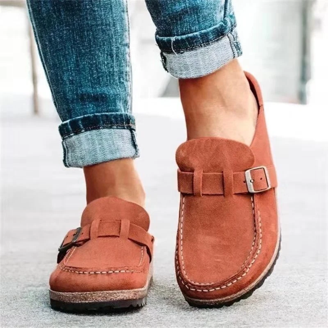Womens Slip On Loafers with Metal Buckle Accent and Low Block Heel