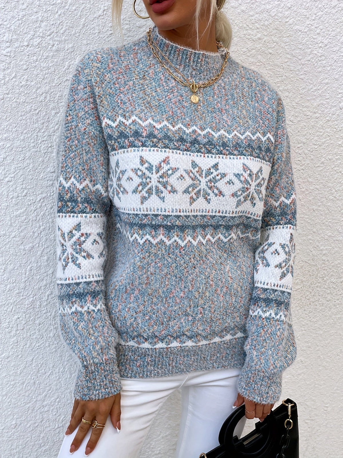 Mock Neck Sweater with Snowflake Knit Pattern and Relaxed Fit