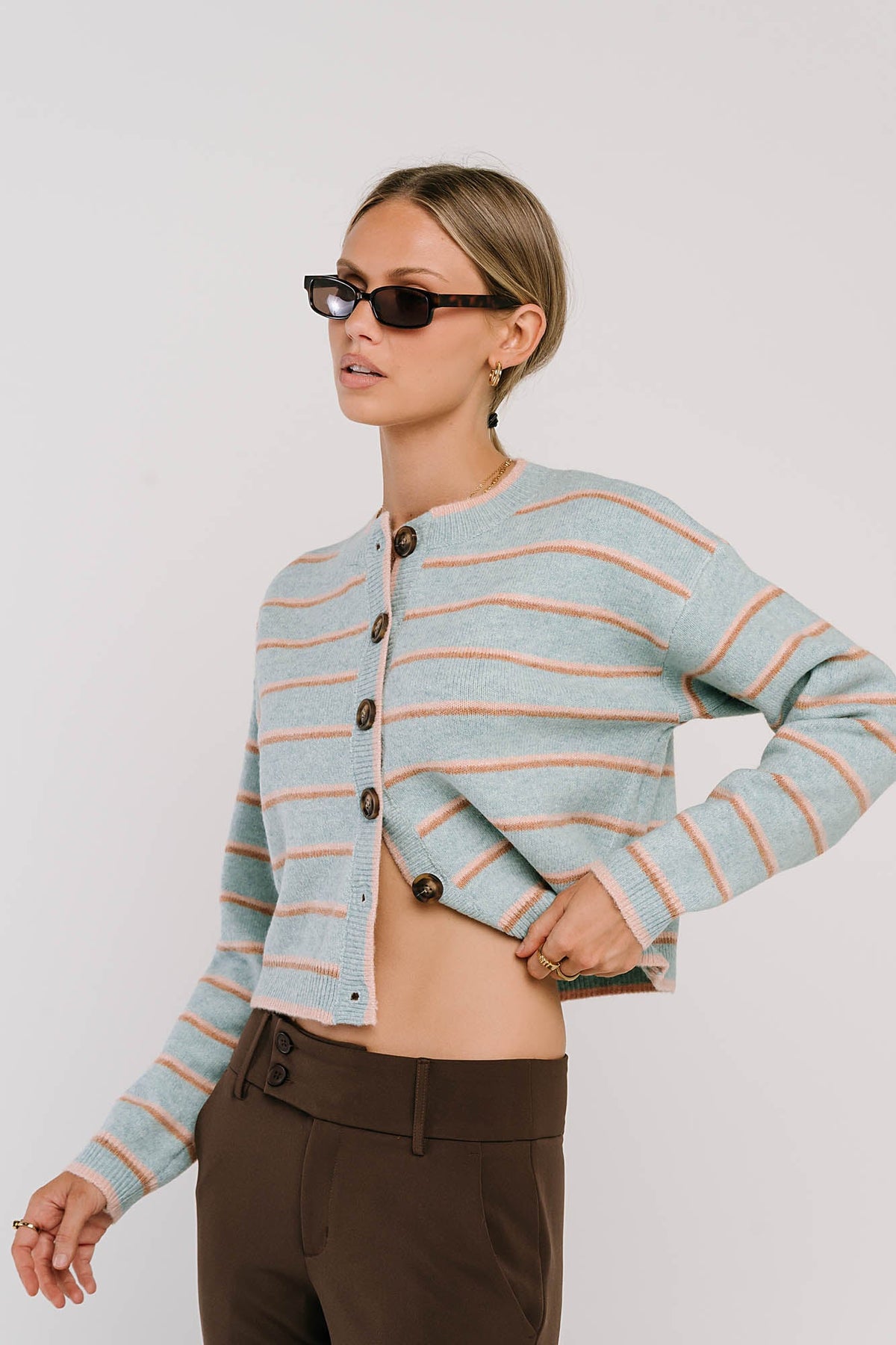 Button Front Cardigan with Stretch Knit Blend and Ribbed Hemlines