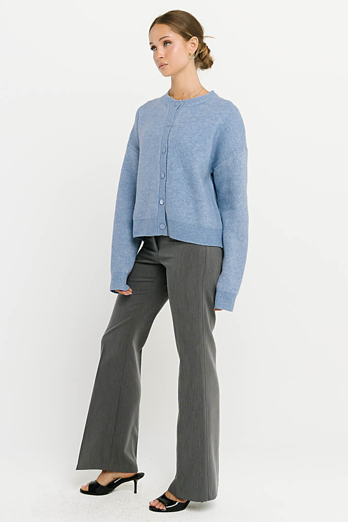 Stretch Knit Cardigan with Button Front and Ribbed Hemlines, Light Blue