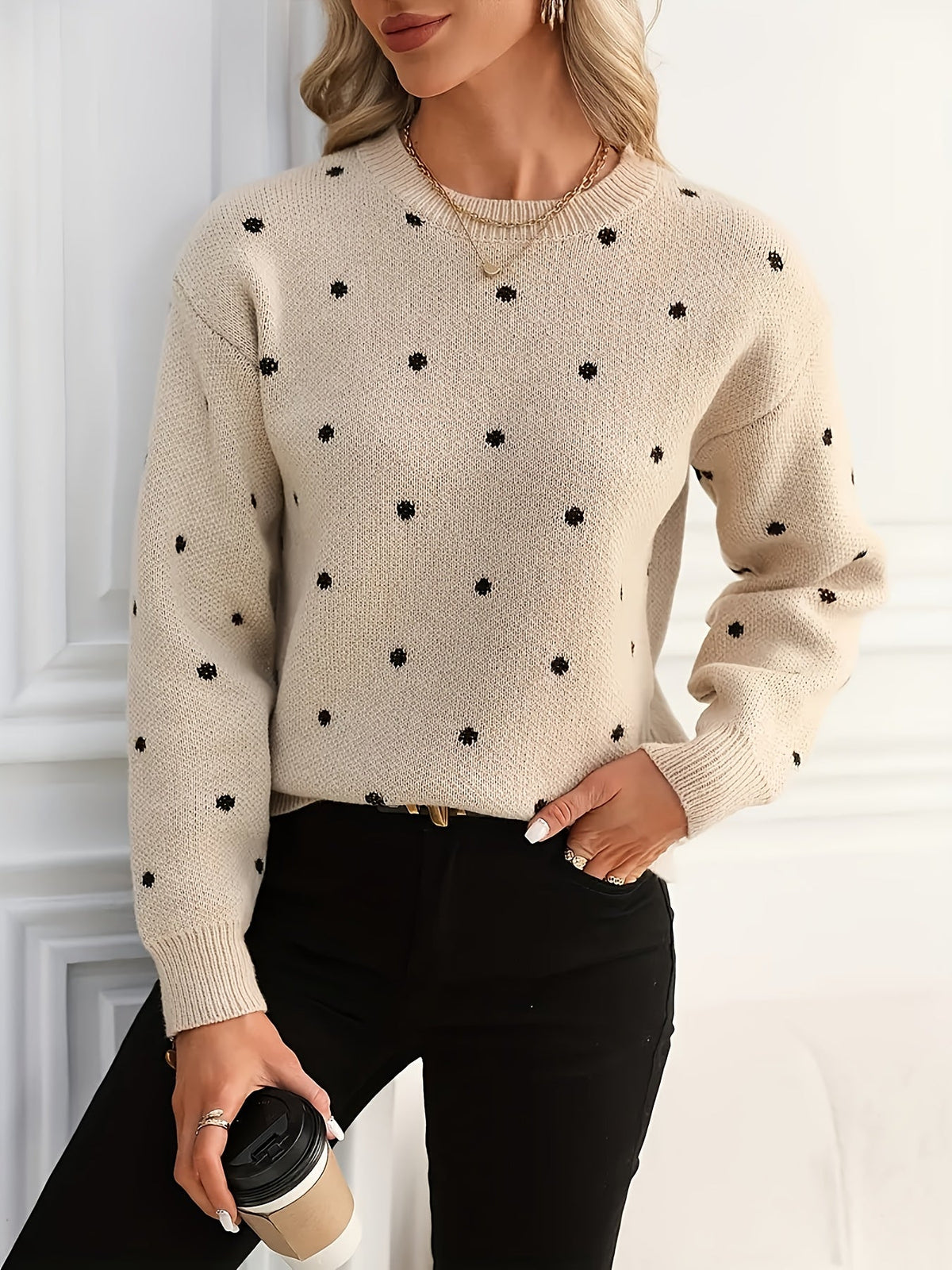 Polka Dot Crew Neck Sweater with Relaxed Fit and Natural Stretch, Ribbed Cuffs