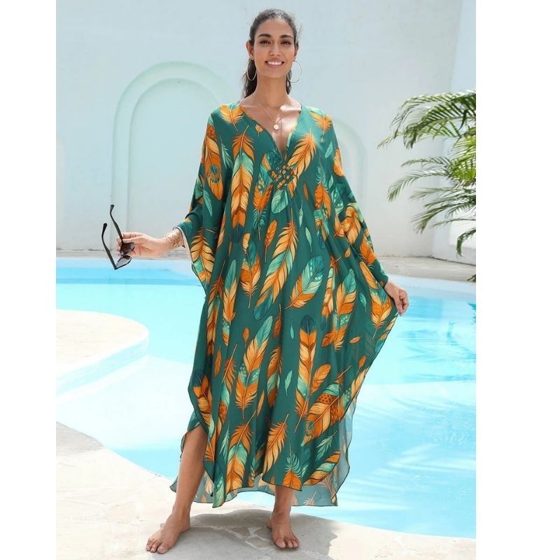 Moomoo Dresses for Women, Plus Size Hawaiian Batwing Sleeve Kaftan Beach Cover Up Dress