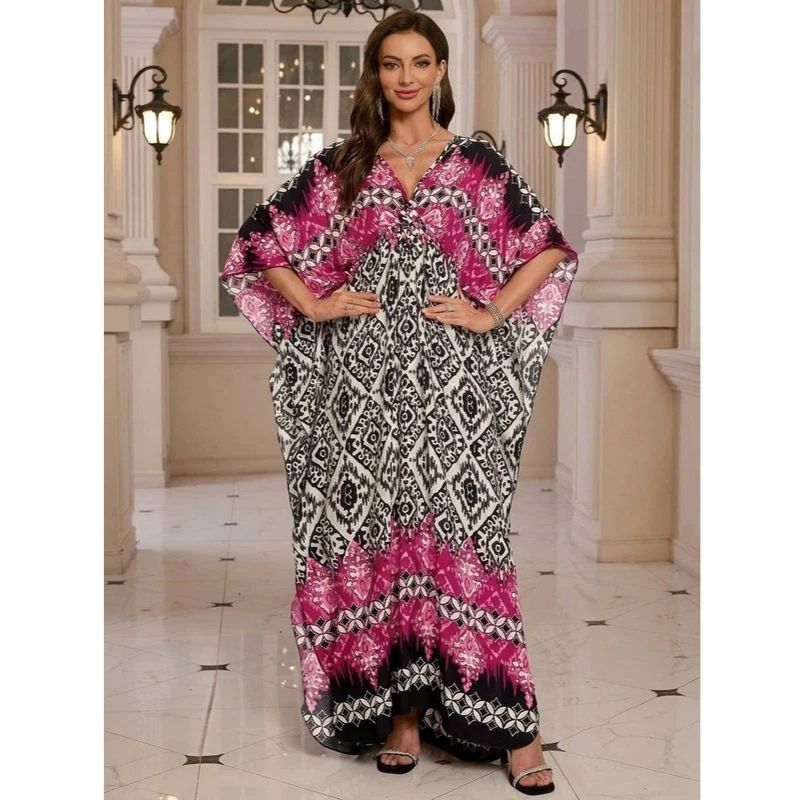 Moomoo Dresses for Women, Plus Size V Neck Batwing Sleeve Floral Kaftan Beach Cover Up Dress