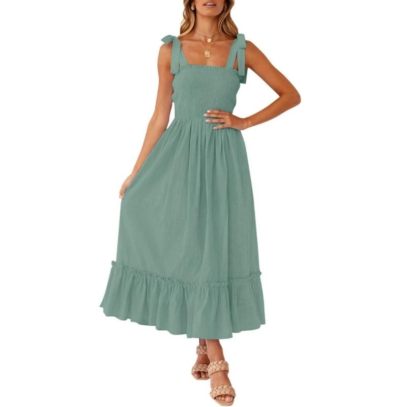 Womens Boho Maxi Dress, Square Neck Spaghetti Strap Ruffle a Line Beach Dress