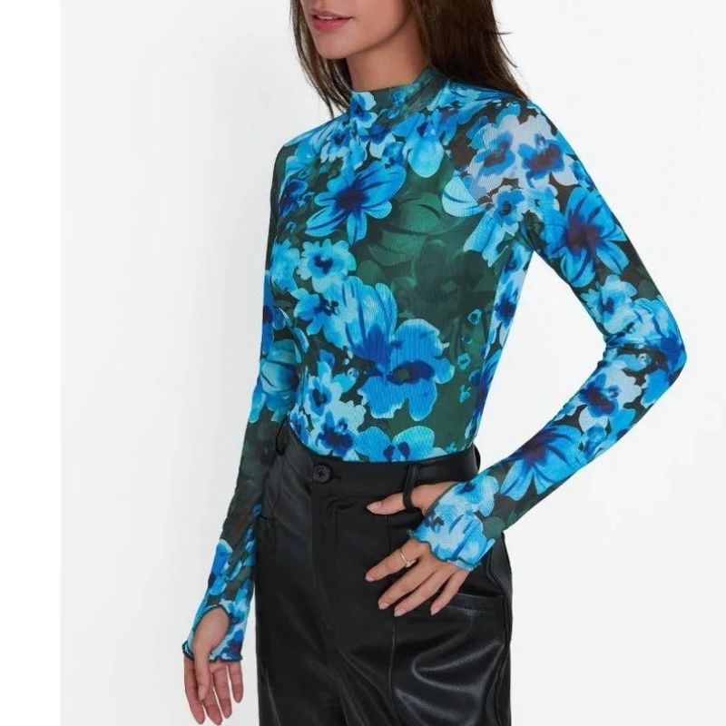 Womens Floral Lace Sheer Mesh Top - Slim Fit Lightweight Long Sleeve Top