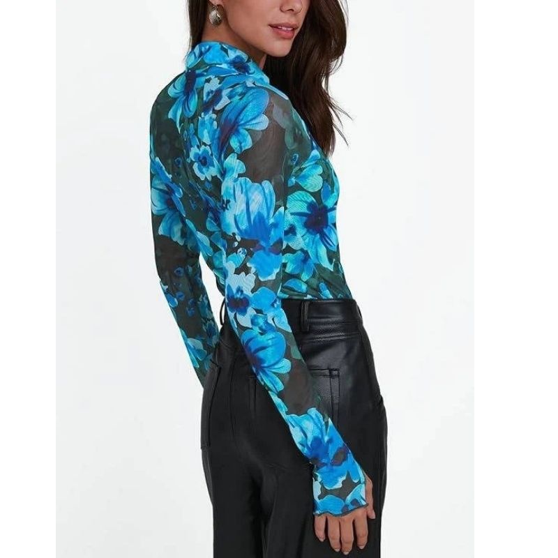 Womens Floral Lace Sheer Mesh Top - Slim Fit Lightweight Long Sleeve Top