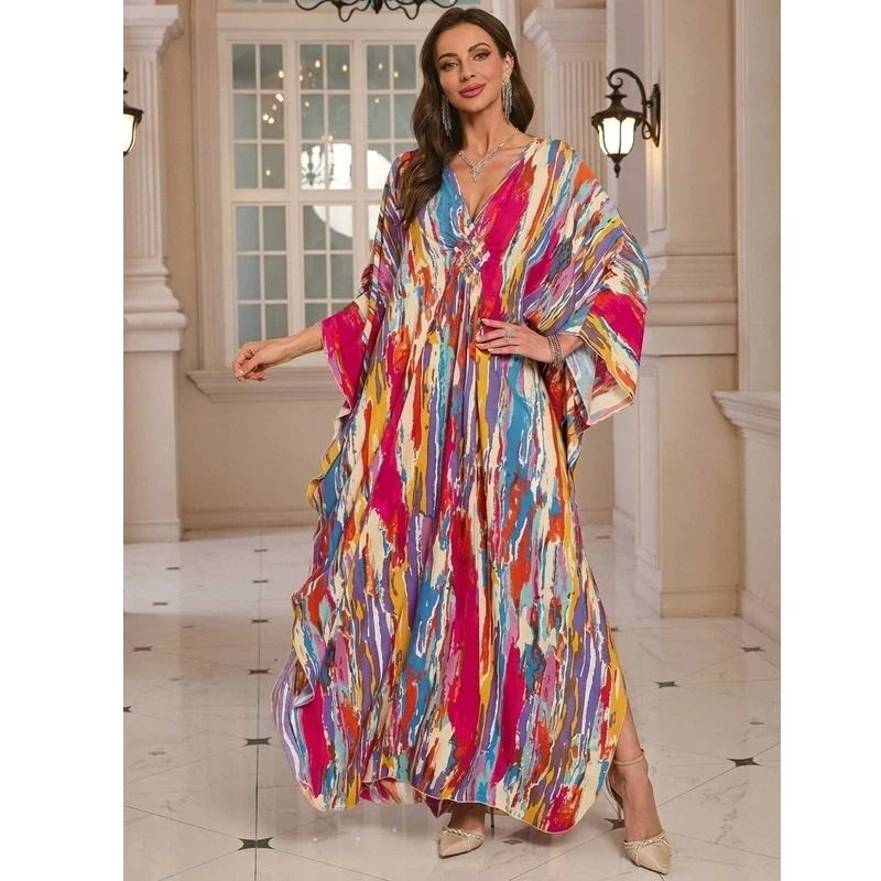 Moomoo Dresses for Women, Plus Size V Neck Batwing Sleeve Floral Kaftan Beach Cover Up Dress