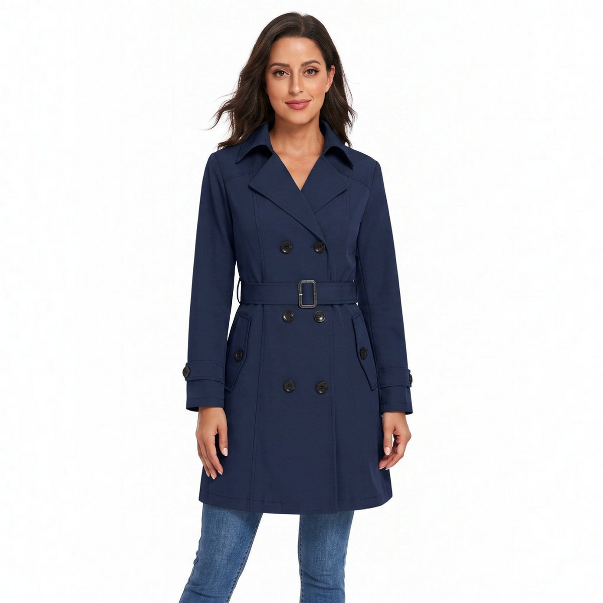 Womens Trench Coat, Classic Lapel, Belted Outerwear
