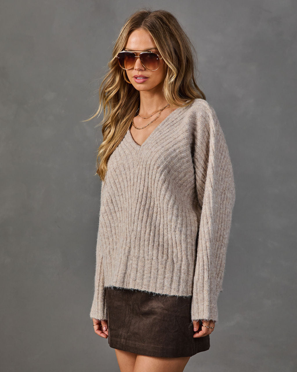 Brushed Ribbed Knit V Neck Sweater with Dolman Sleeves and Stretch Fit