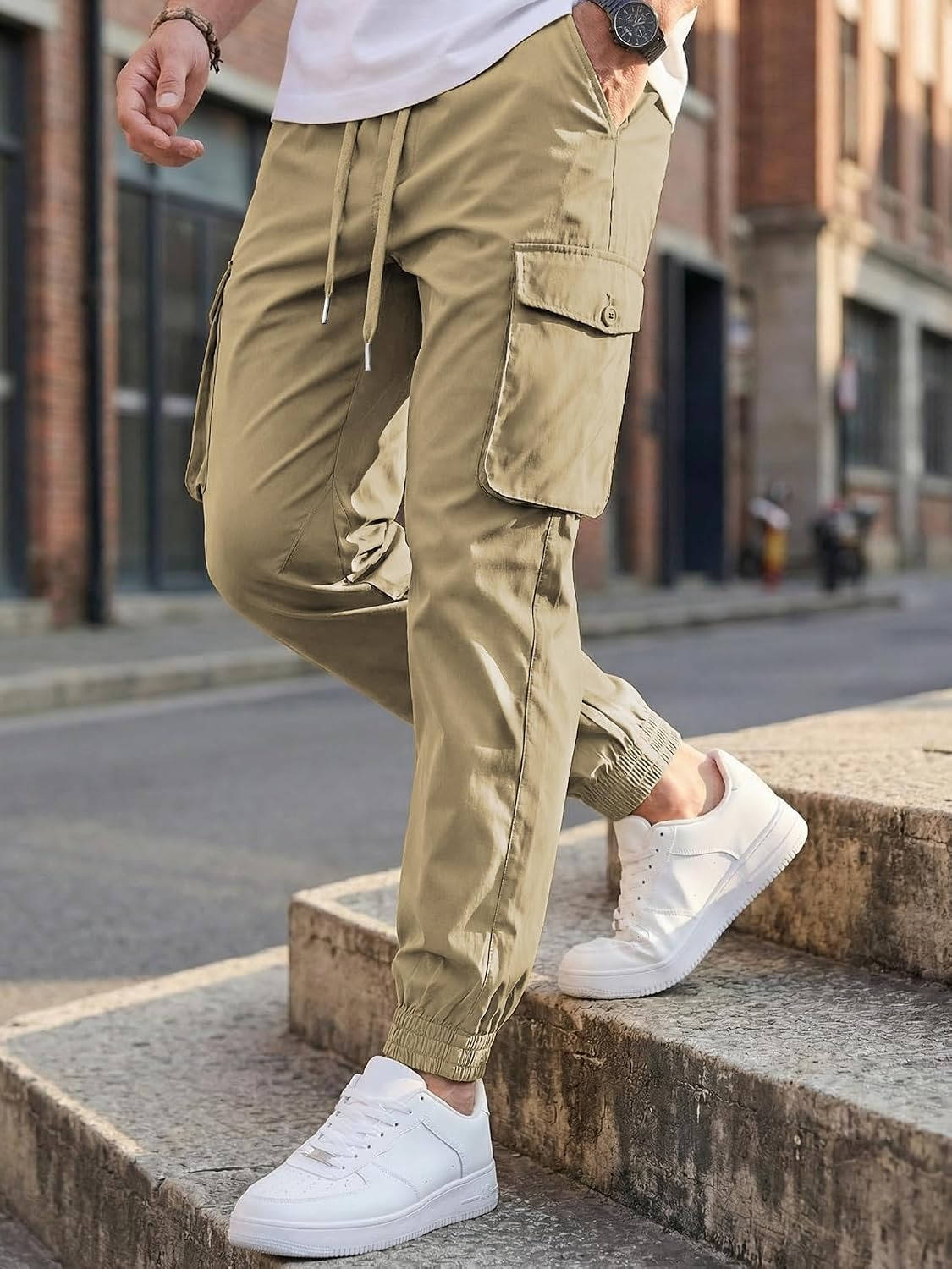 Mens Casual Cargo Jogger Pants, Stretch Elastic Waist Drawstring Tapered Sweatpants with Pockets