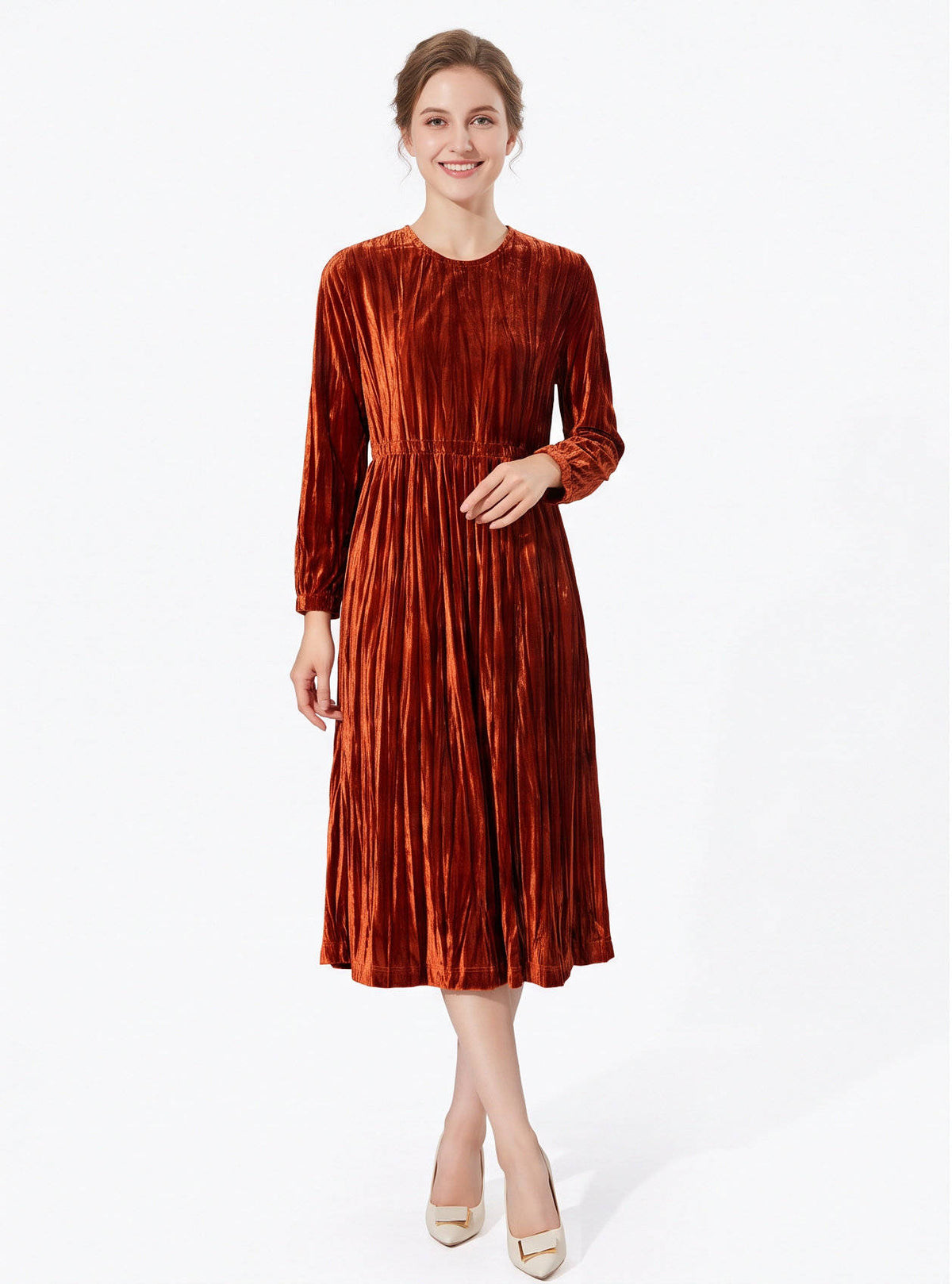 Velvet Dresses for Women, Vintage Style Long Sleeve Cinched Waist Pleated Dress for Fall and Winter