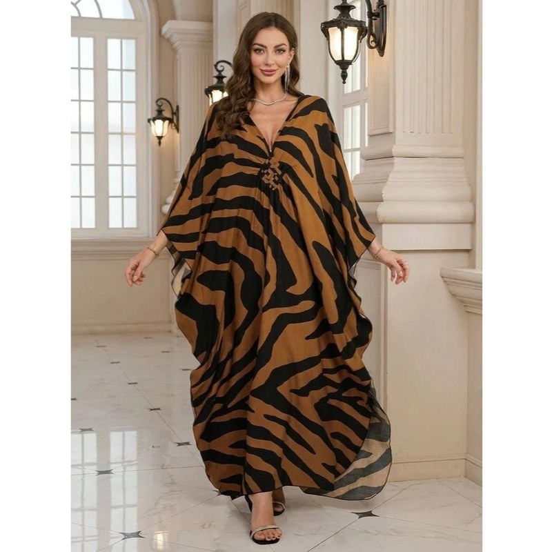 Moomoo Dresses for Women, Plus Size V Neck Batwing Sleeve Floral Kaftan Beach Cover Up Dress