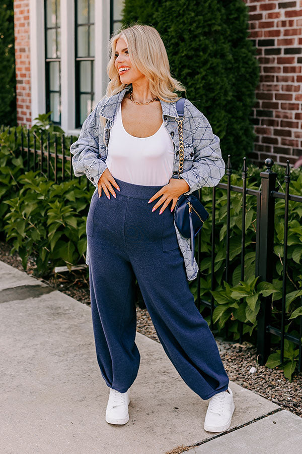 High Waist Knit Pants with Elastic Waistband and Side Pockets, Pleated Hem