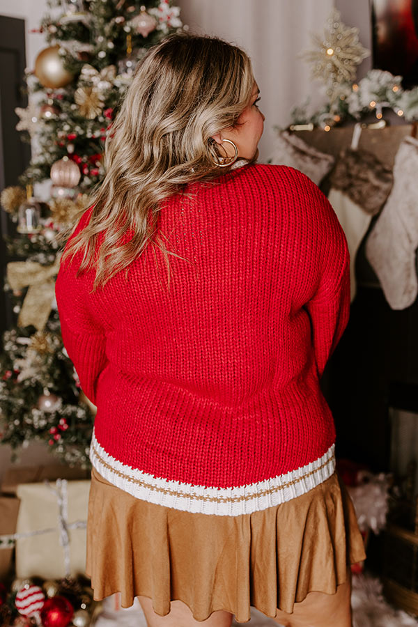Crew Neck Knit Sweater with Merry Lettering and Mocha Trim, Plus Size