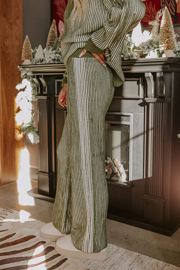 Striped Knit Pants with Elastic Waist and Ribbed Texture, White and Olive