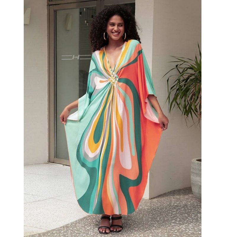 Moomoo Dresses for Women, Plus Size Hawaiian Batwing Sleeve Kaftan Beach Cover Up Dress