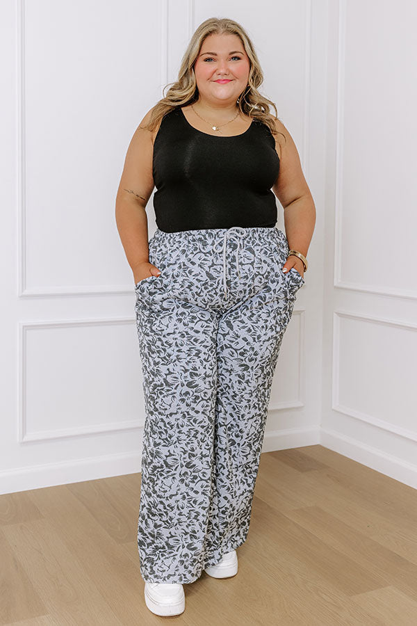 Floral Jacquard Wide Leg Pants with Elastic Drawstring Waistband and Side Pockets