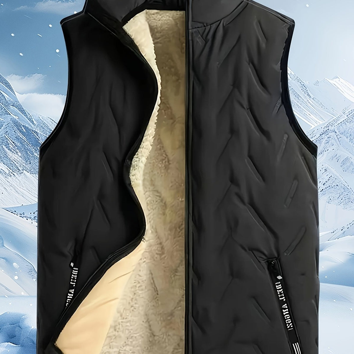 Sleeveless Vest with Plush Lining and Stand Collar, Zippered Pockets