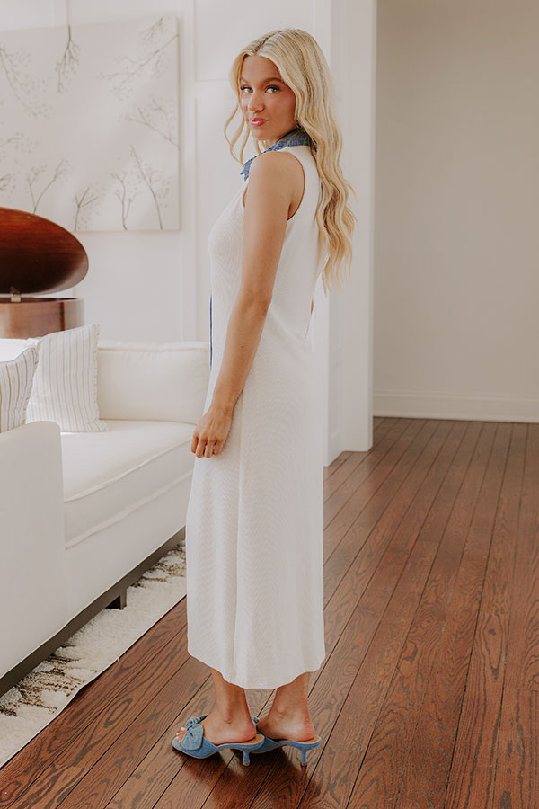 Ribbed Collared Midi Dress with Button Placket and Front Slit