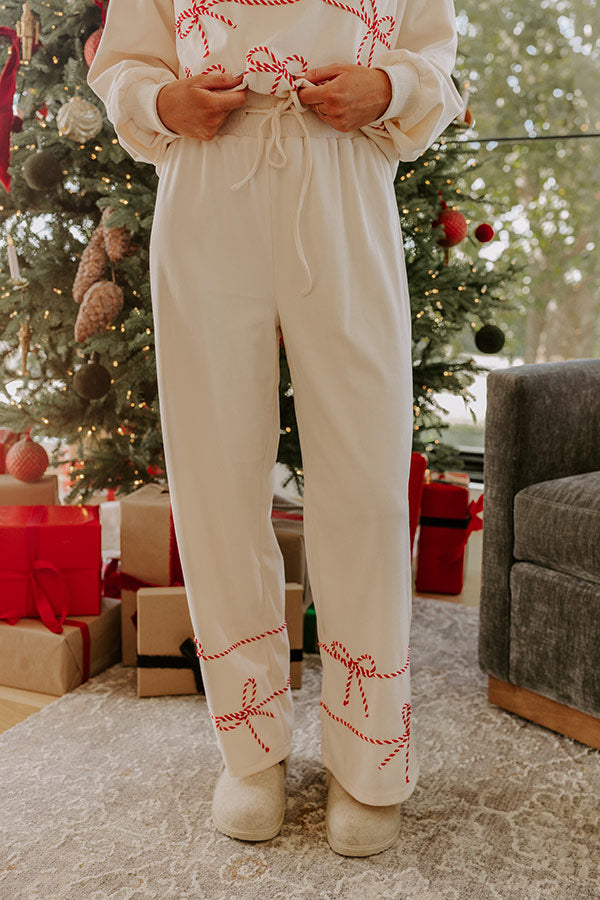 Wide Leg Lounge Pants with Striped Bow Trim and Adjustable Drawstring