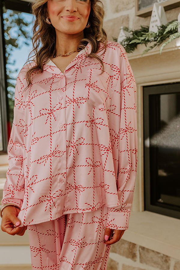 Button Front Satin Pajama Top with Striped Bow Print and Chest Pocket