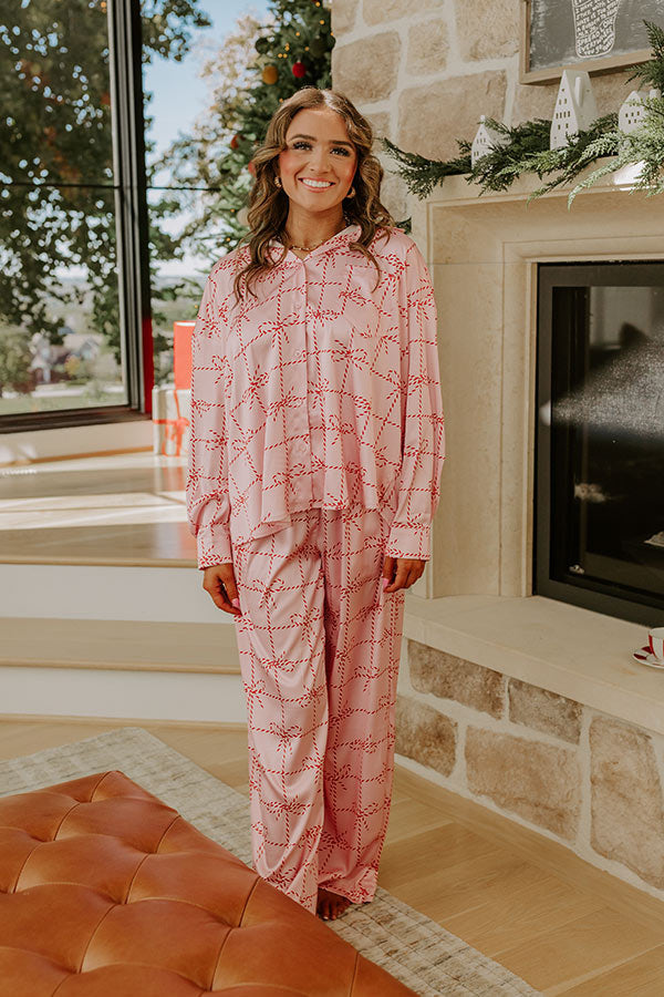 Button Front Satin Pajama Top with Striped Bow Print and Chest Pocket
