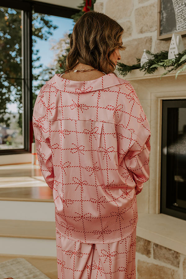 Button Front Satin Pajama Top with Striped Bow Print and Chest Pocket