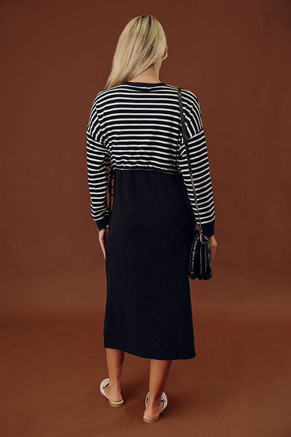 Striped Waffle Knit Maxi Dress with Adjustable Side Ties and Long Sleeves
