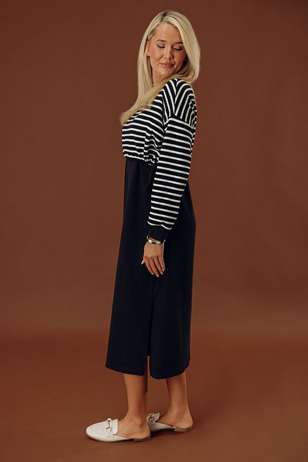 Striped Waffle Knit Maxi Dress with Adjustable Side Ties and Long Sleeves