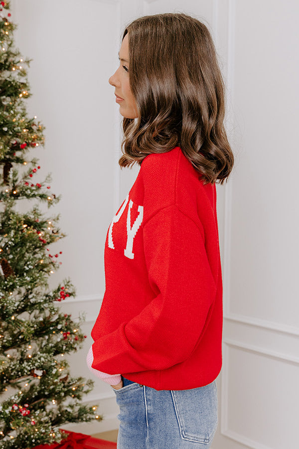 Festive Knit Sweater with Ivory Lettering and Pink Ribbed Trim