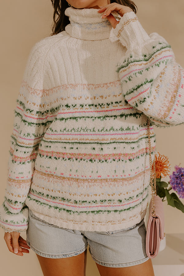Turtleneck Sweater with Multicolor Woven Knit and Ribbed Cuffs