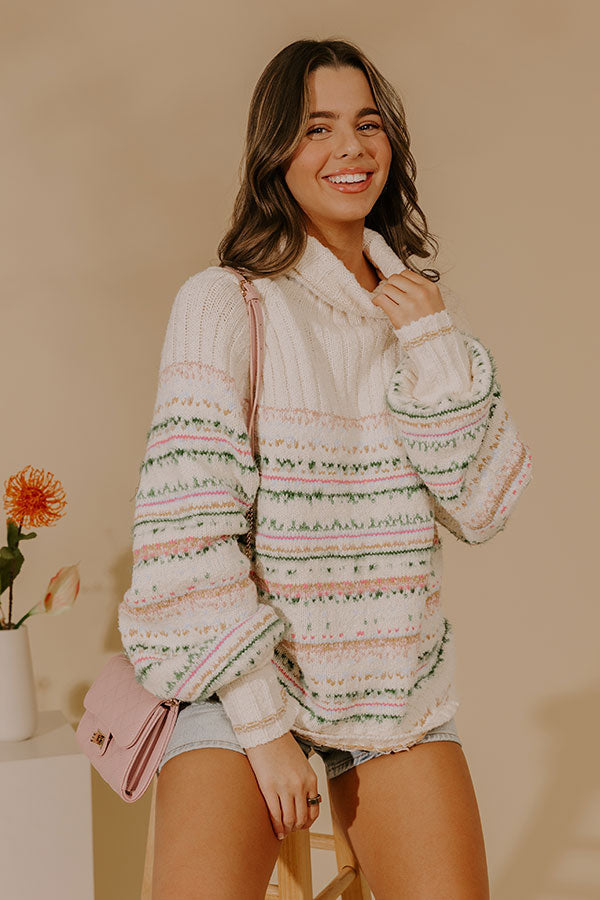 Turtleneck Sweater with Multicolor Woven Knit and Ribbed Cuffs